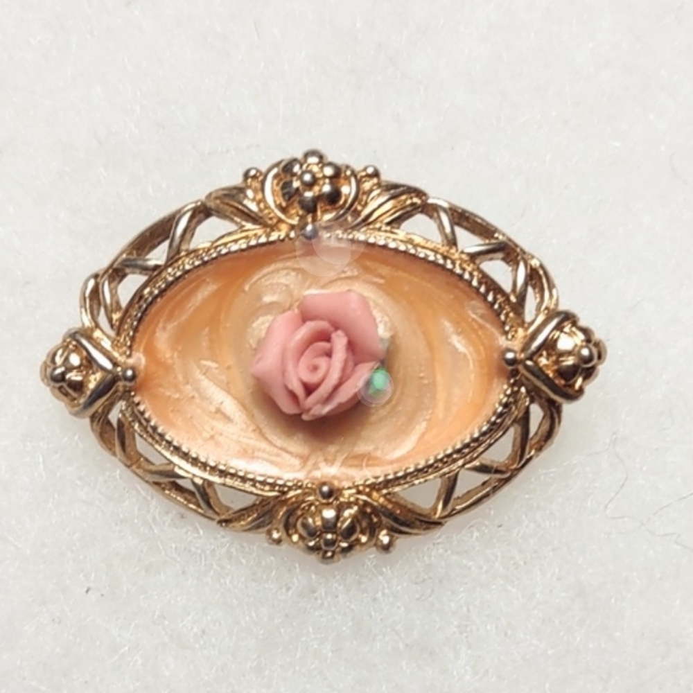 Small Enamel Vintage Brooch w/ Pink Porcelain Rose